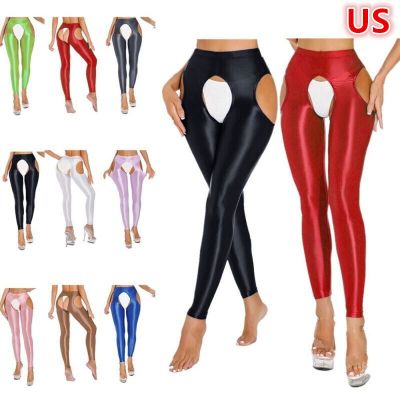 US Women's Oily Glossy High Waisted Cutout Stretchy Sports Tights Workout Pants
